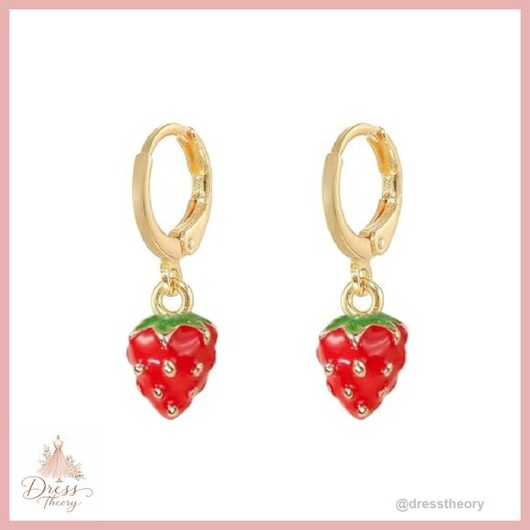 Small Strawberry Hoop Earrings Hypoallergenic Copper Dangle Jewelry Gift - Picture 2 of 8
